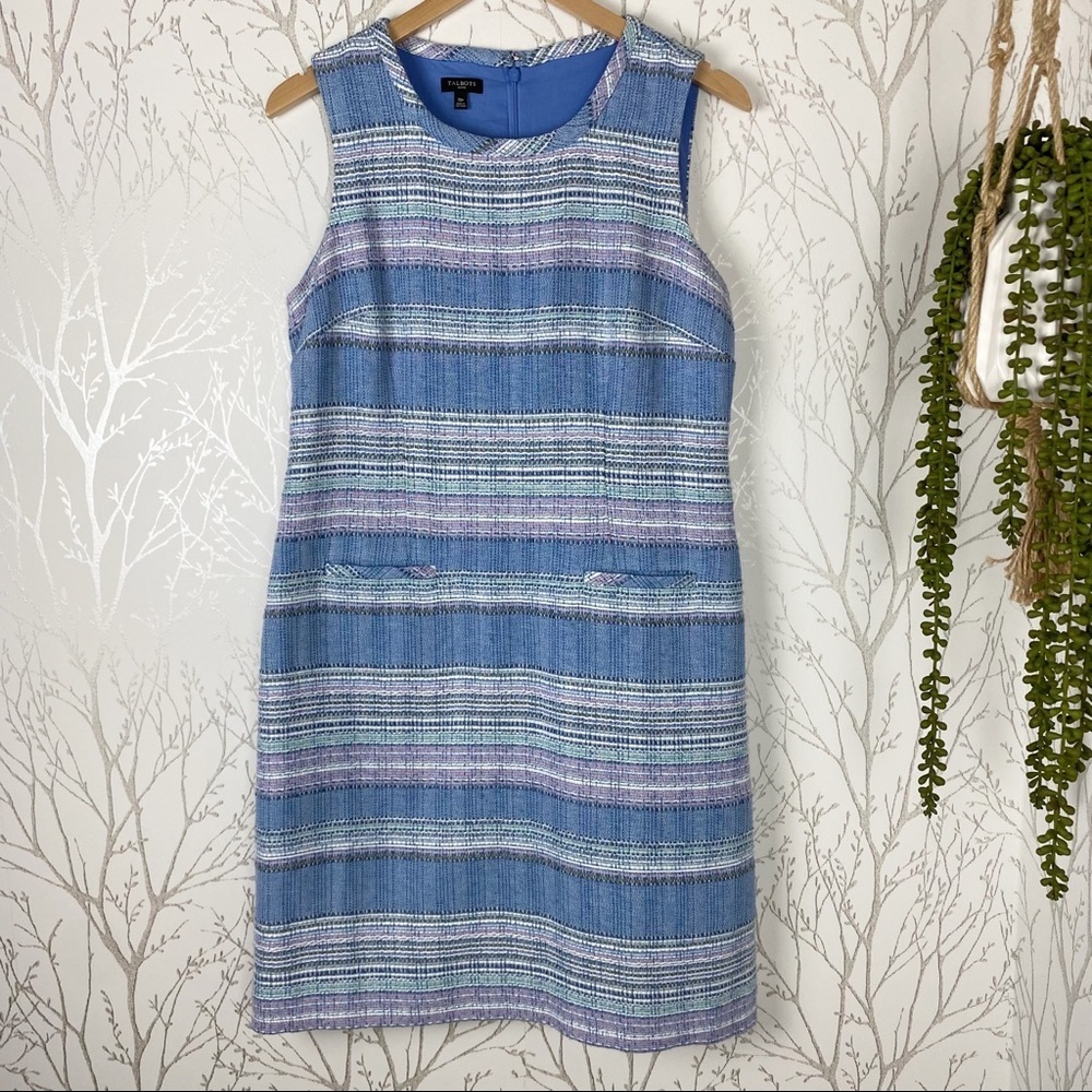 TALBOTS Blue Stripe Tweed Sleeveless Sheath Dress 10P Business Casual Spring - Picture 10 of 10